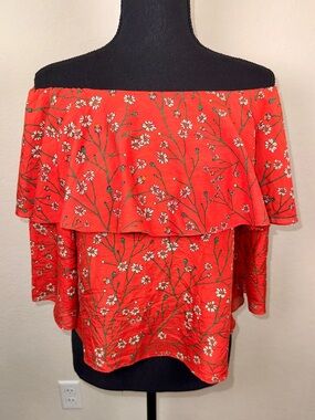 Alice + Olivia Meagan Off Shoulder Red Daisy Floral Silk Blend Top M Boho Ruffle
